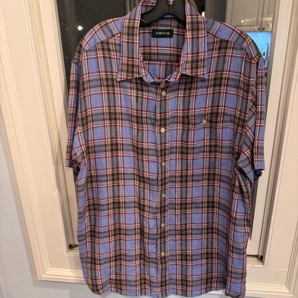 Orvis Men's 100% LINEN Button Down Shirt Short Sleeve Blue / Gray Plaid Sz L NEW - Picture 3 of 13